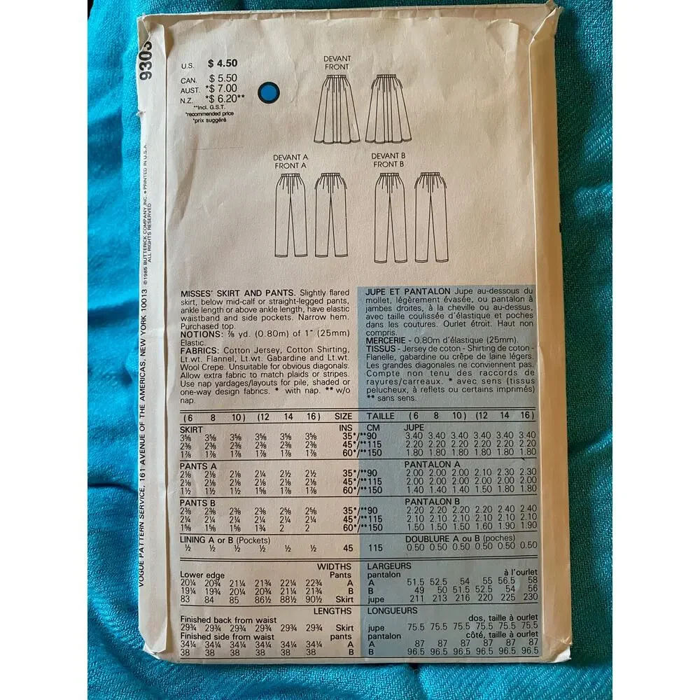 Vogue sewing pattern 9303 pants skirt pockets size 12 14